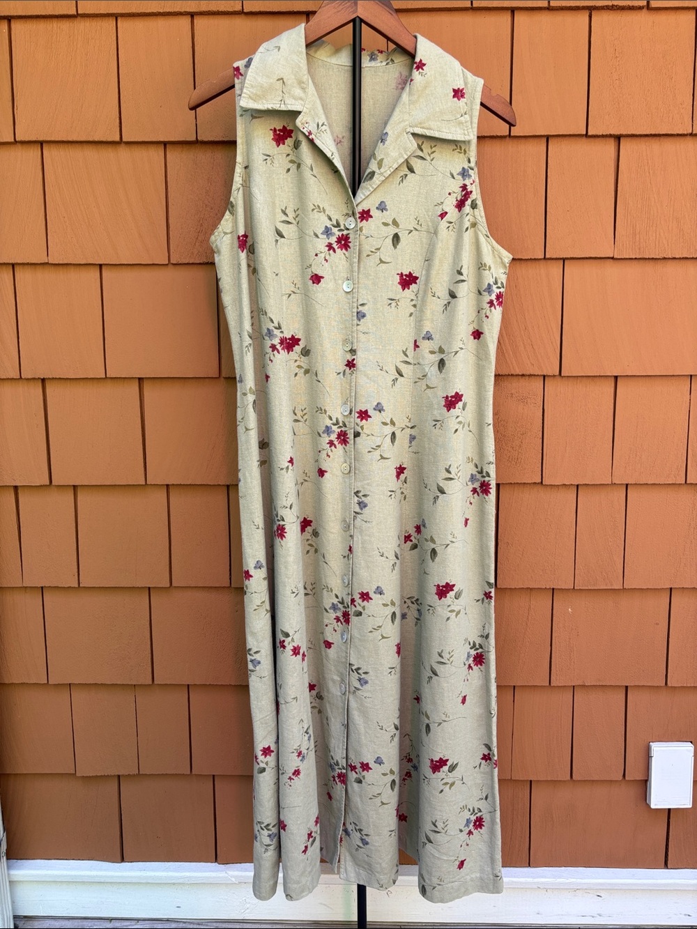 Sleeveless Linen Cotton Floral Print V Neck Collared A-line Midi Dress | Size L - Picture 3 of 6